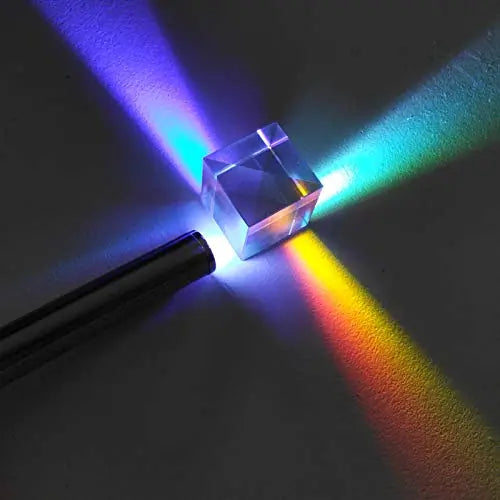 Mini VOT Crystal Cube Optical Glass Prism Sun Catcher displaying rainbow refraction with colorful light effects.