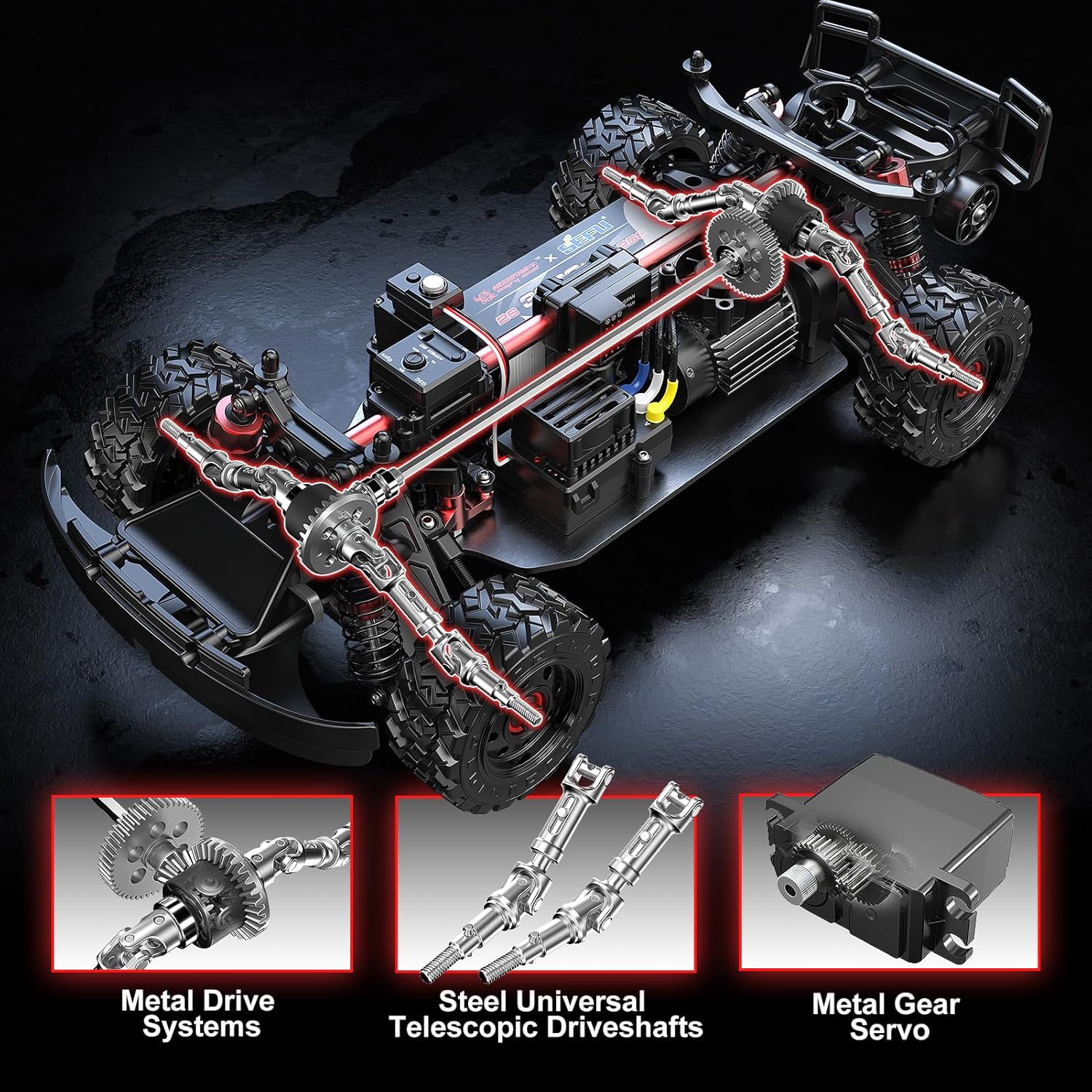 Detailed view of a remote control car's internal components with highlighted parts on a dark background. Beirut , Lebanon