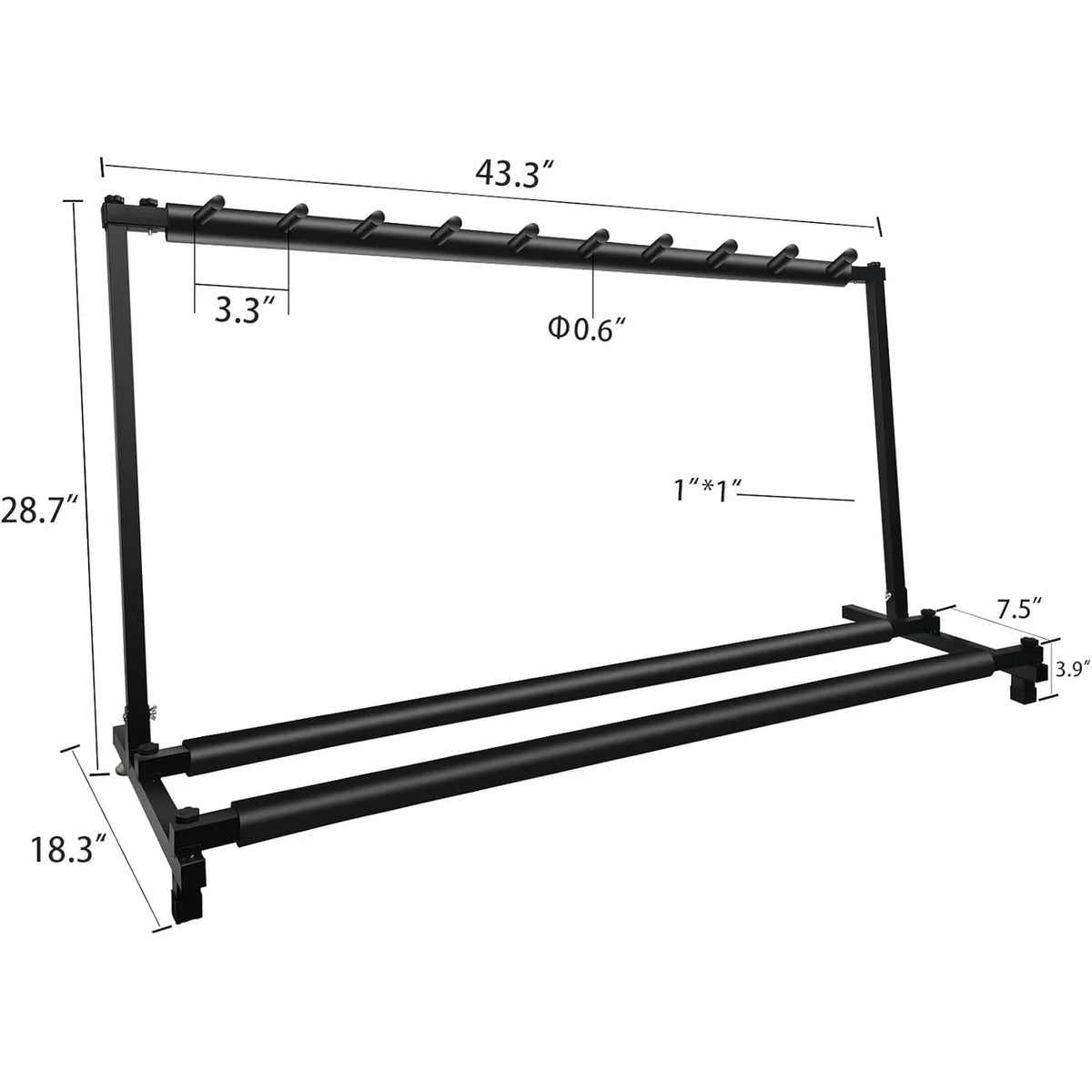 Black metal double guitar stand with multiple pegs on the top rail, shown with dimension annotations including 43.3 inches, 28.