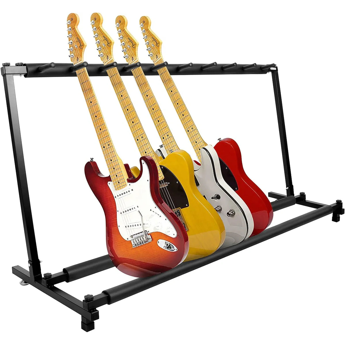 Guitar stand holding four electric guitars on a white background