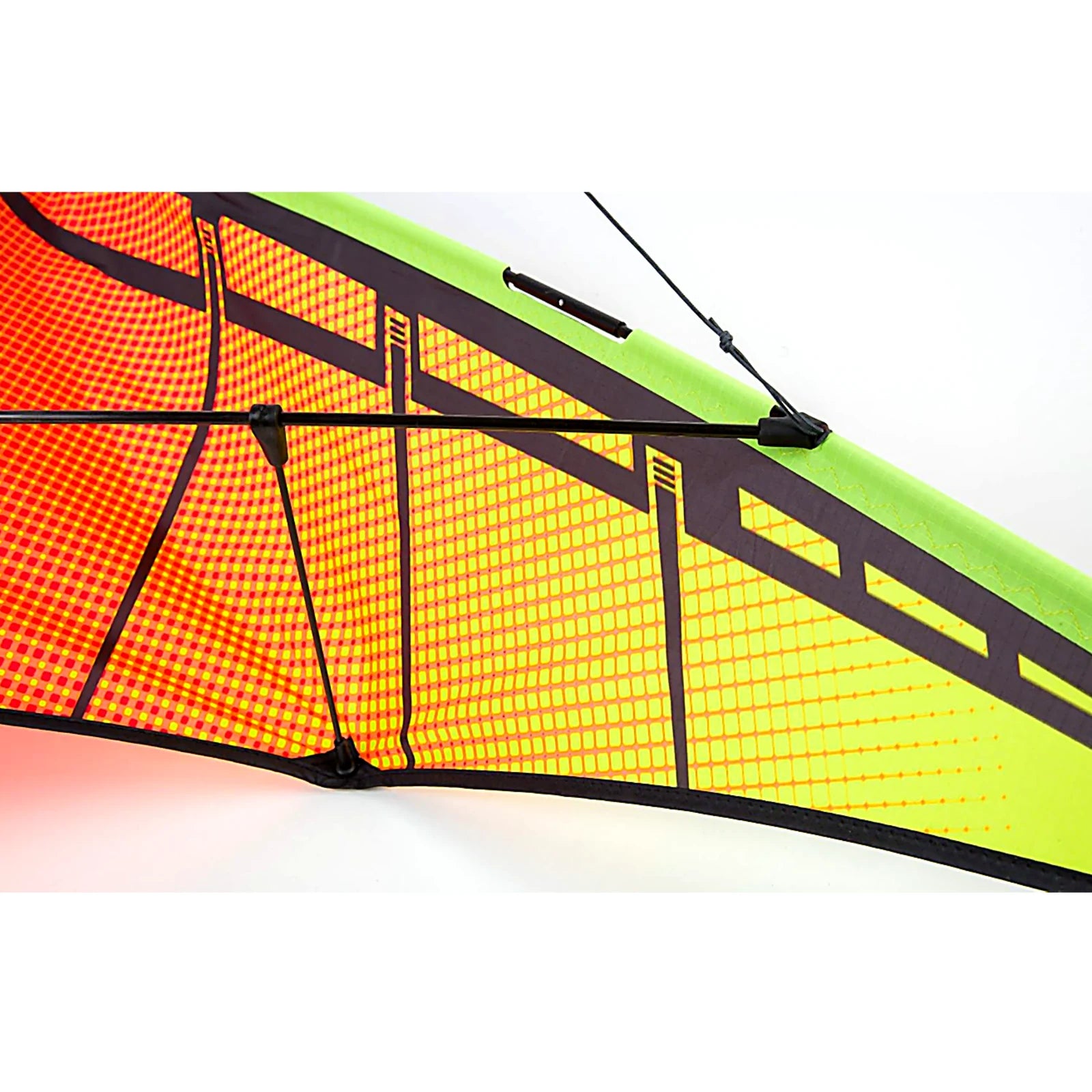 Close-up of the Prism Jazz 2.0 Dual-line Sports Kite's leading edge showing vibrant colors and durable construction.