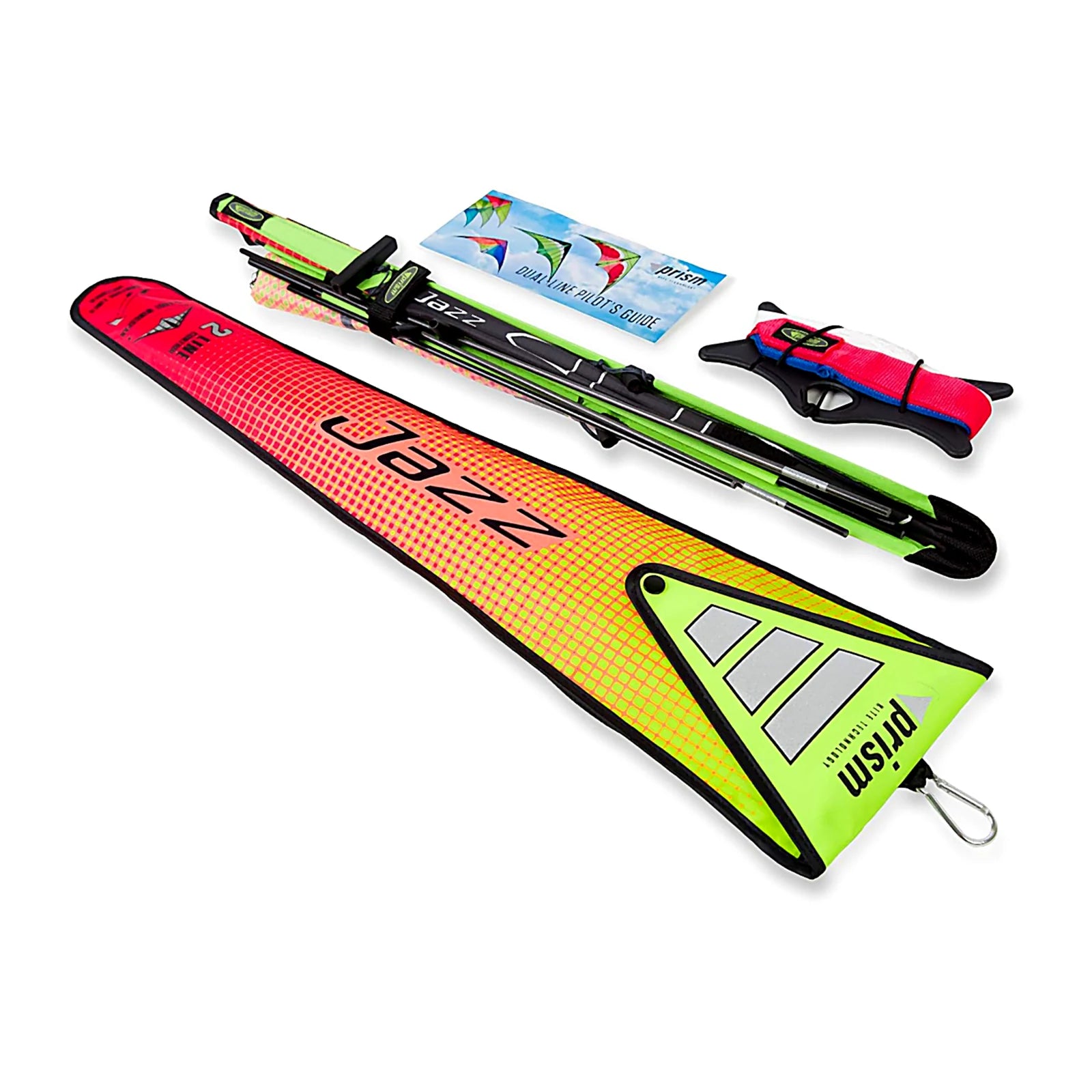 Prism Jazz 2.0 dual-line sports kite with colorful tail and control handles, perfect for stunt flying and outdoor kite flying.