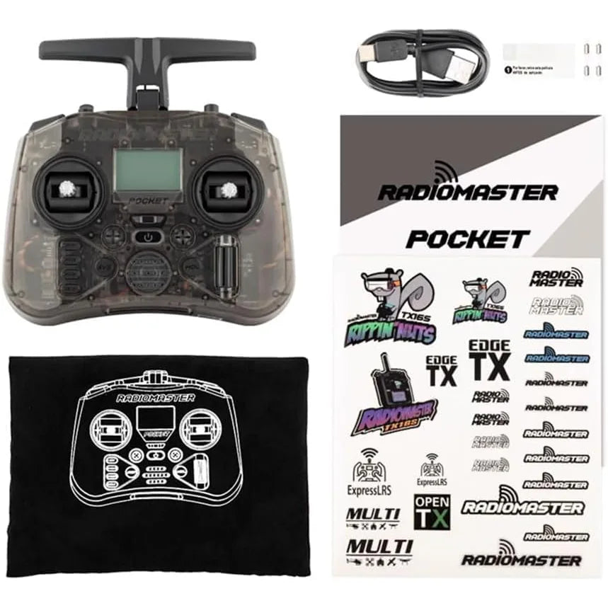 RadioMaster Pocket RC transmitter controller shown with a black carrying pouch, a USB charging cable, and a sheet of branded stickers on a white background.