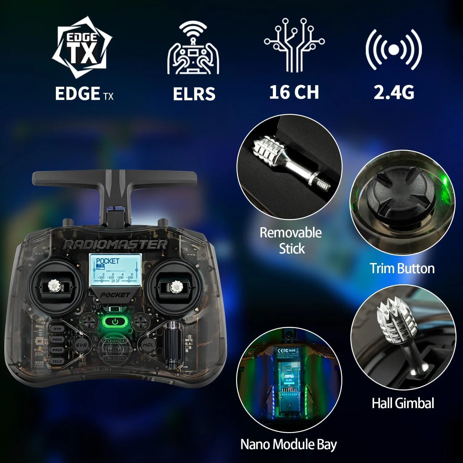 RADIOMASTER radio transmitter controller shown on a dark blue graphic background with feature callouts: EDGE TX, ELRS, 16 CH, 2.4G, removable stick, trim button, nano module bay, and hall gimbal.
