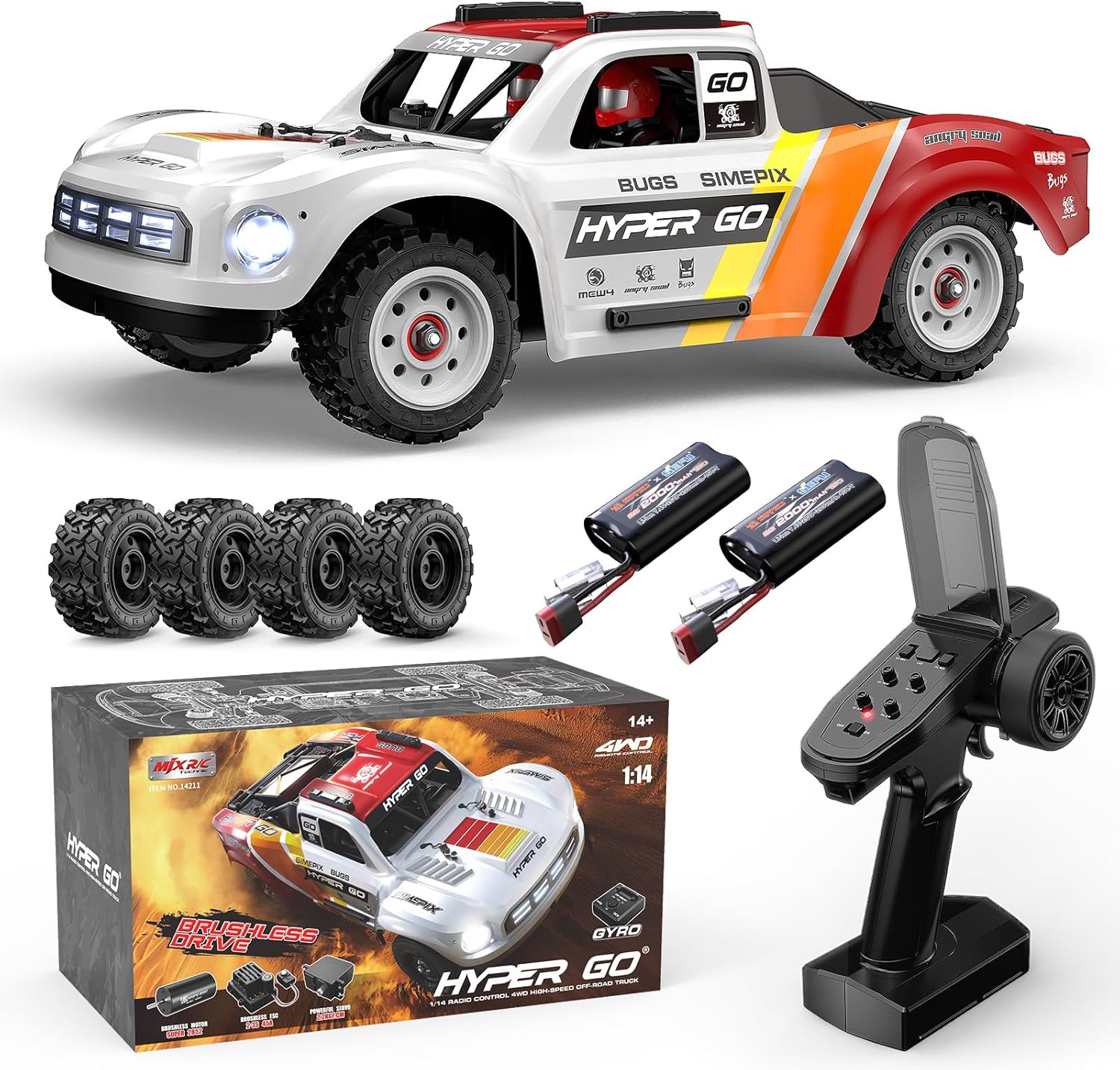 Toy truck with accessories including tires, batteries, and a remote control on a white background. Beirut , Lebanon