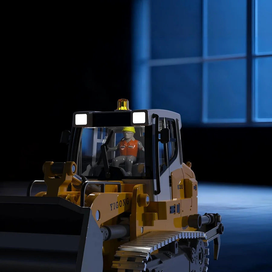 VOT Certified micro-scale remote control bulldozer with LED lights, detailed crawler loader for night driving and outdoor play.