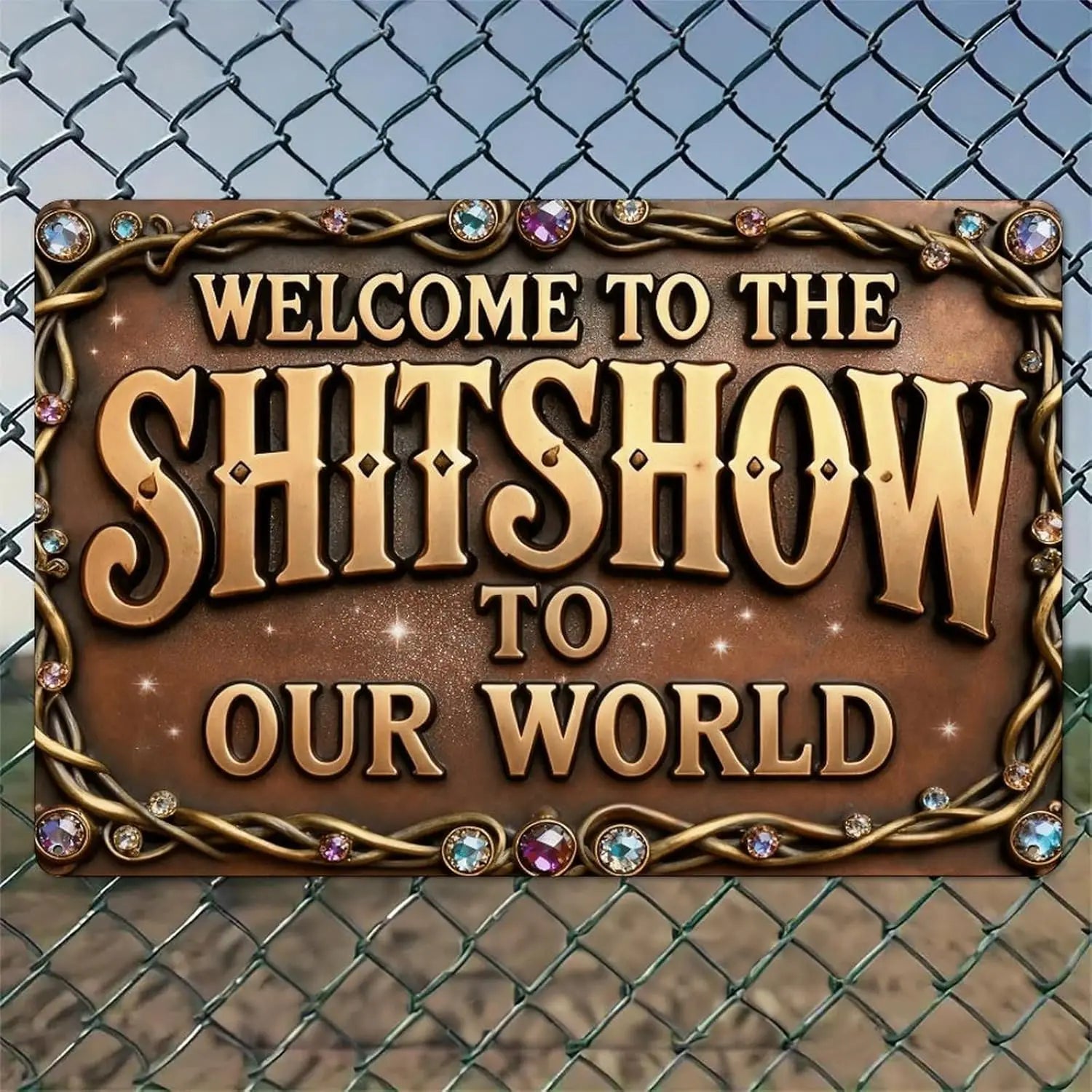 VOT Certified Welcome To Our World tin sign featuring a rustic metal design, suitable for fence or gate decor.