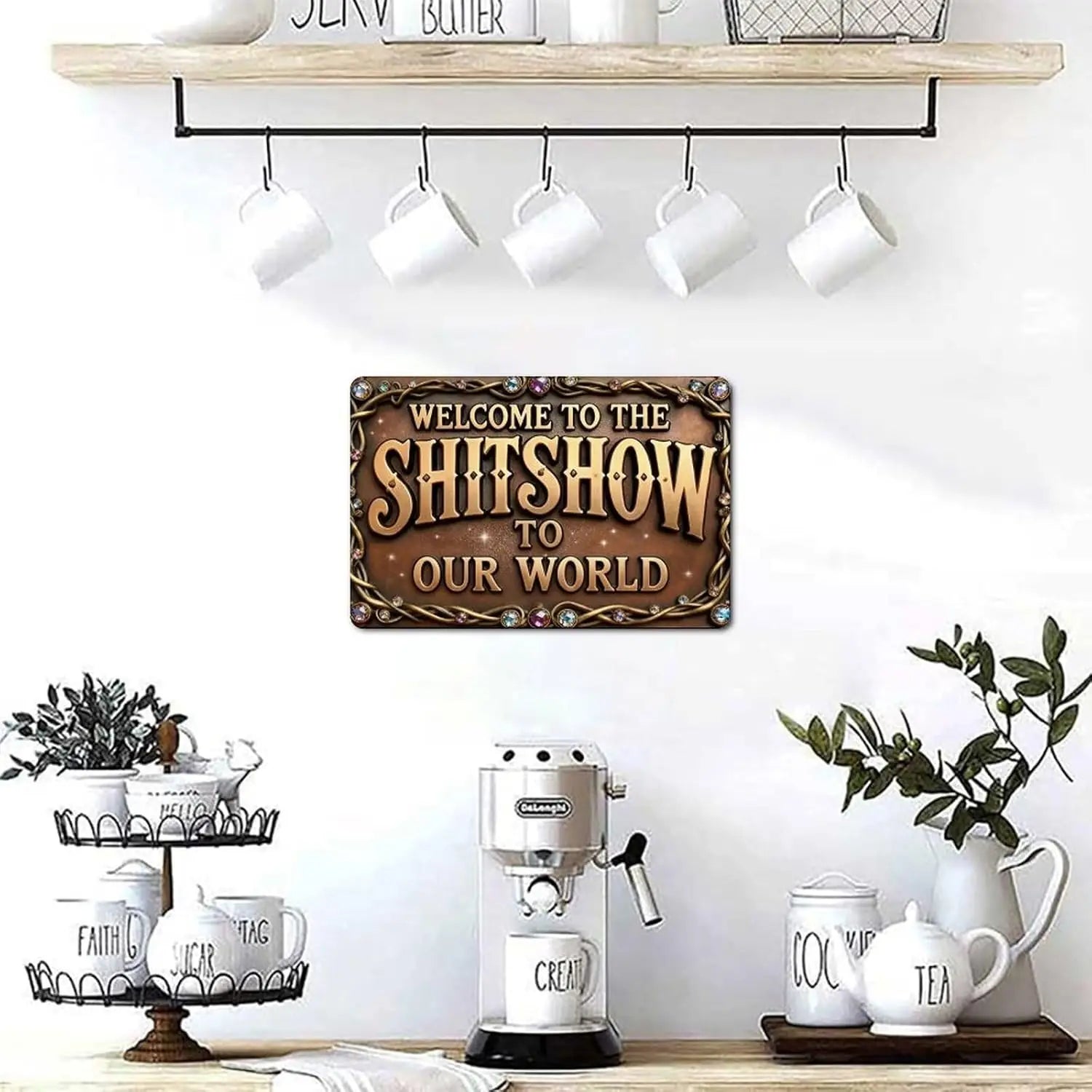 VOT Certified tin sign with "Welcome To Our World" message, ideal for kitchen wall decor, featuring a rustic metal design.