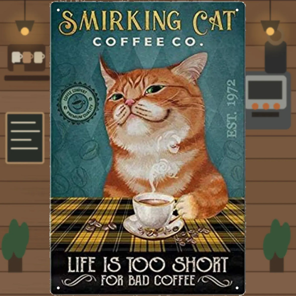 Smirking Cat Coffee Tin Sign - (20 × 30 cm)
