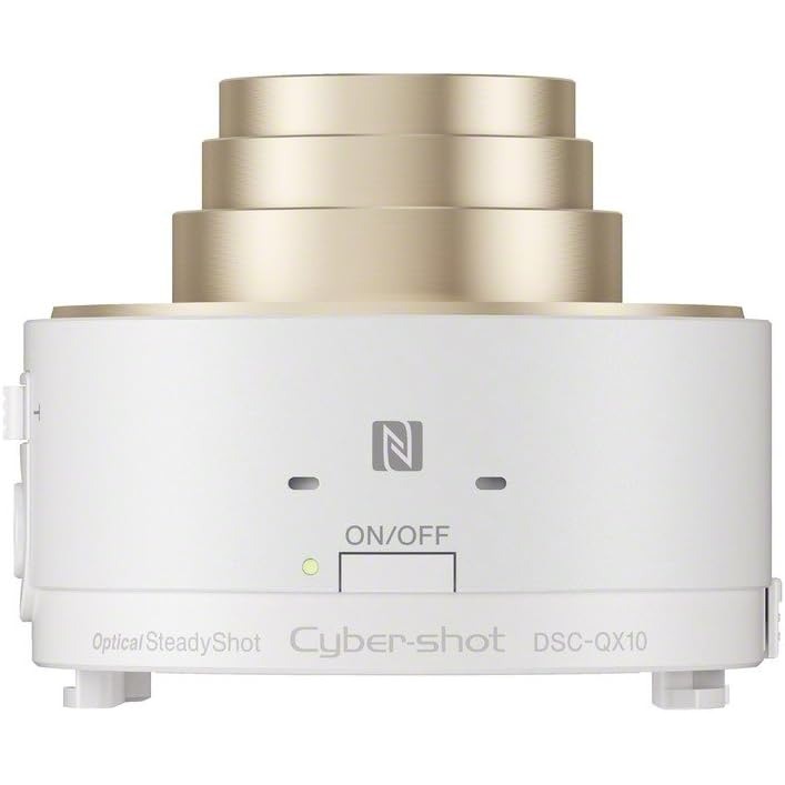 Cyber-shot DSC-QX10 Optical SteadyShot image stabilizer, featuring a white cylindrical body with a brushed gold top ring and a front switch labeled ON/OFF.