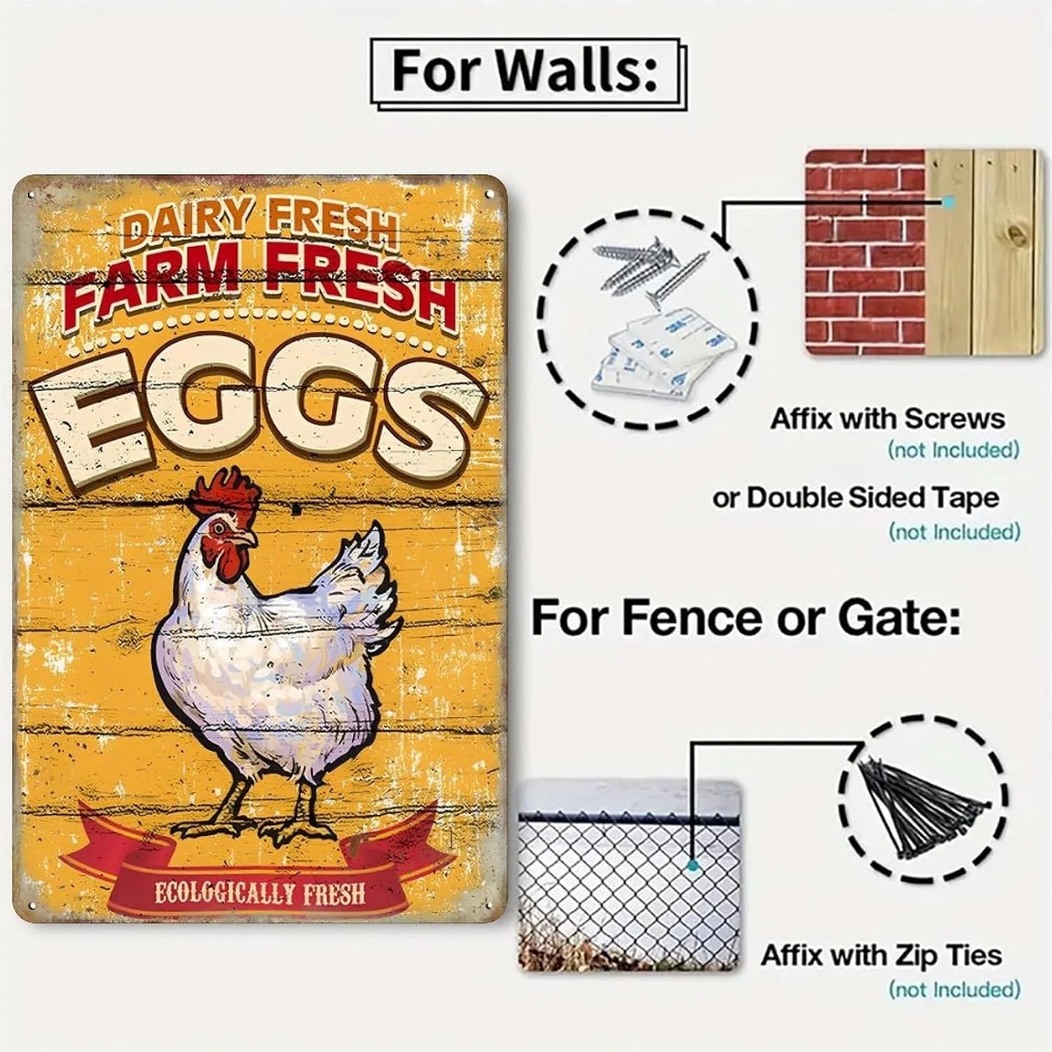 Vintage VOT Certified tin sign featuring farm-fresh eggs, ideal for kitchen or farmhouse decor with a rustic metal design.