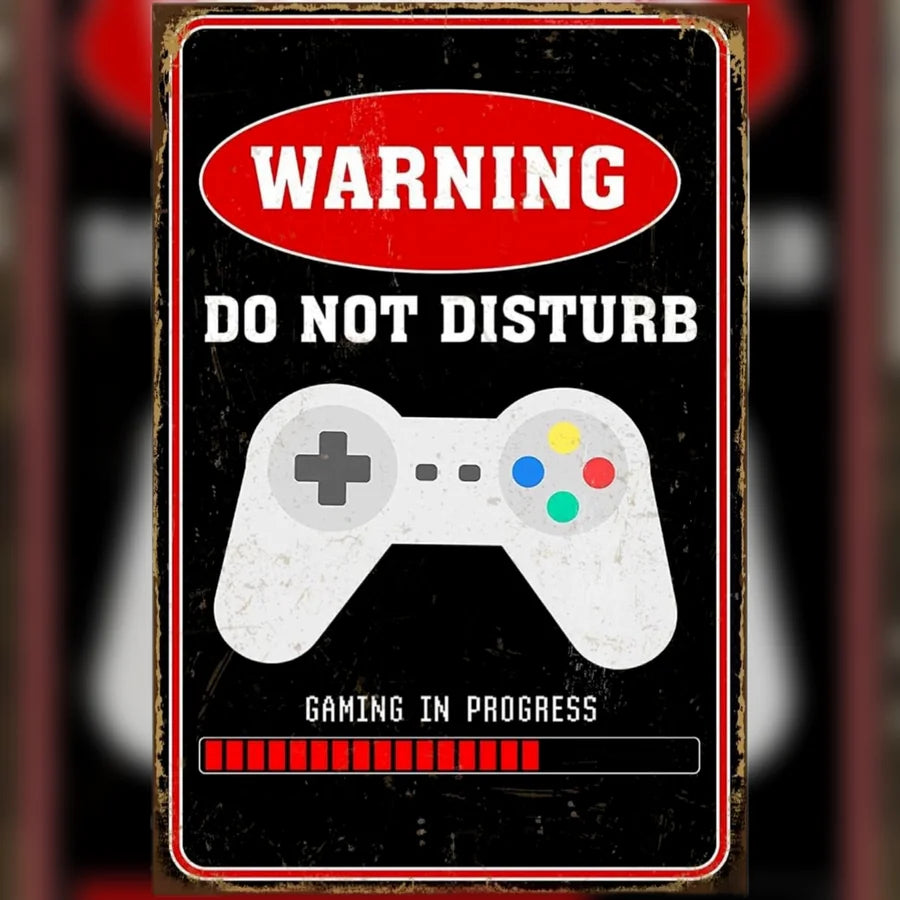 VOT Certified Game in Progress tin sign with warning message, metal sign depicting a gaming in progress notification.