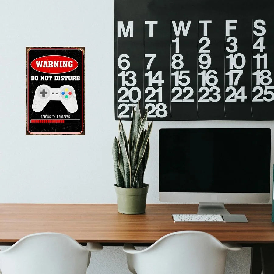 VOT Certified Game in Progress tin sign with warning message, ideal for gaming rooms or office desk decor.