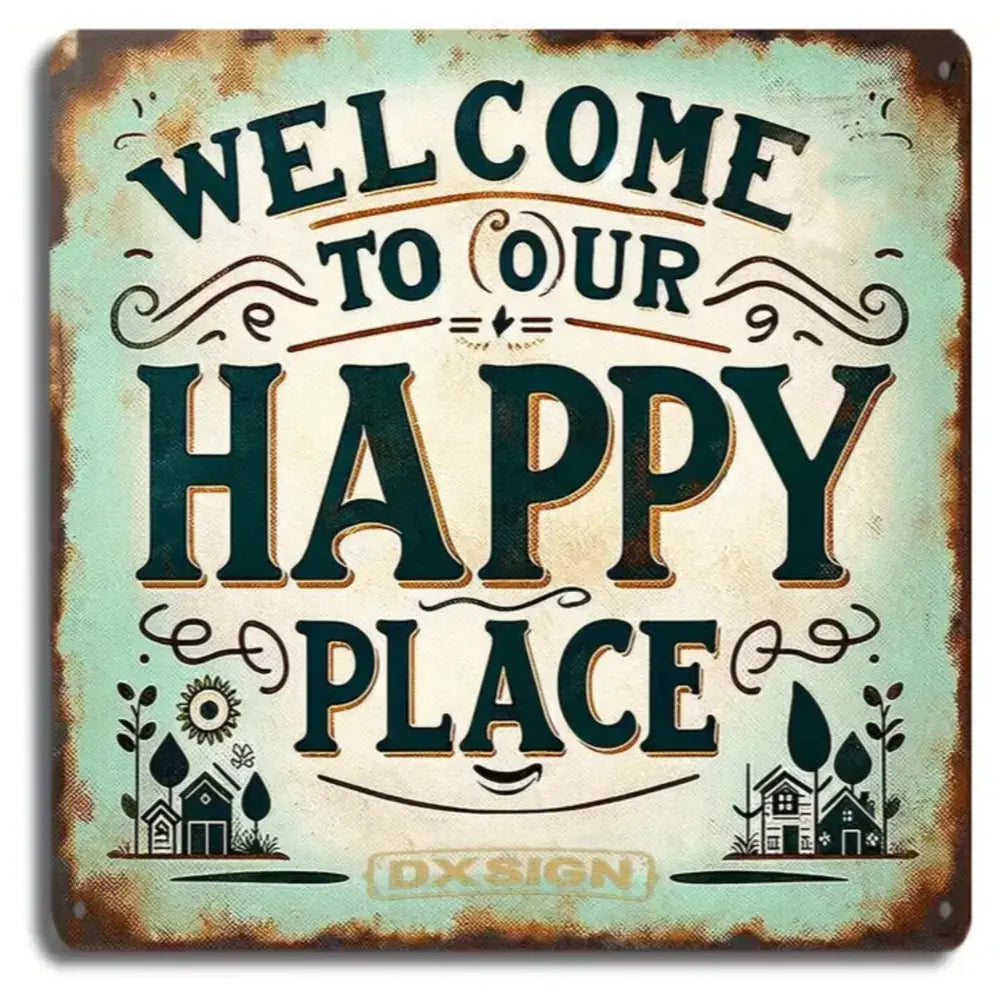 VOT Certified Happy Place tin sign with welcoming message, featuring a vintage metal design for home decor and wall art.