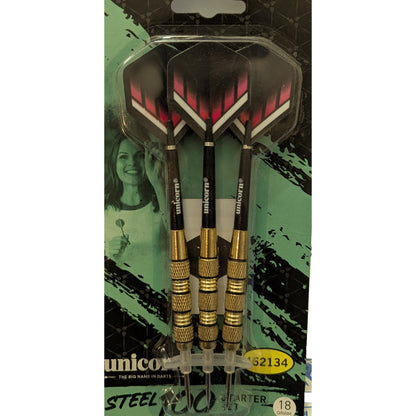 Unicorn Steel-100 Series darts with silver barrels and black grips, arranged on a white background.