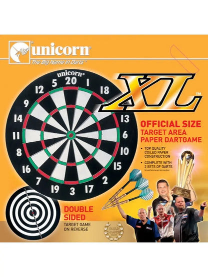 Unicorn XL Darboard 17x3/4-inch darts target board with colorful bullseye and scoring sections for dart games.