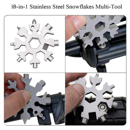 18-in-1 Stainless Steel Snowflakes Multi-Tool with usage examples on a white background