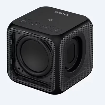 Black portable speaker on a light gray background