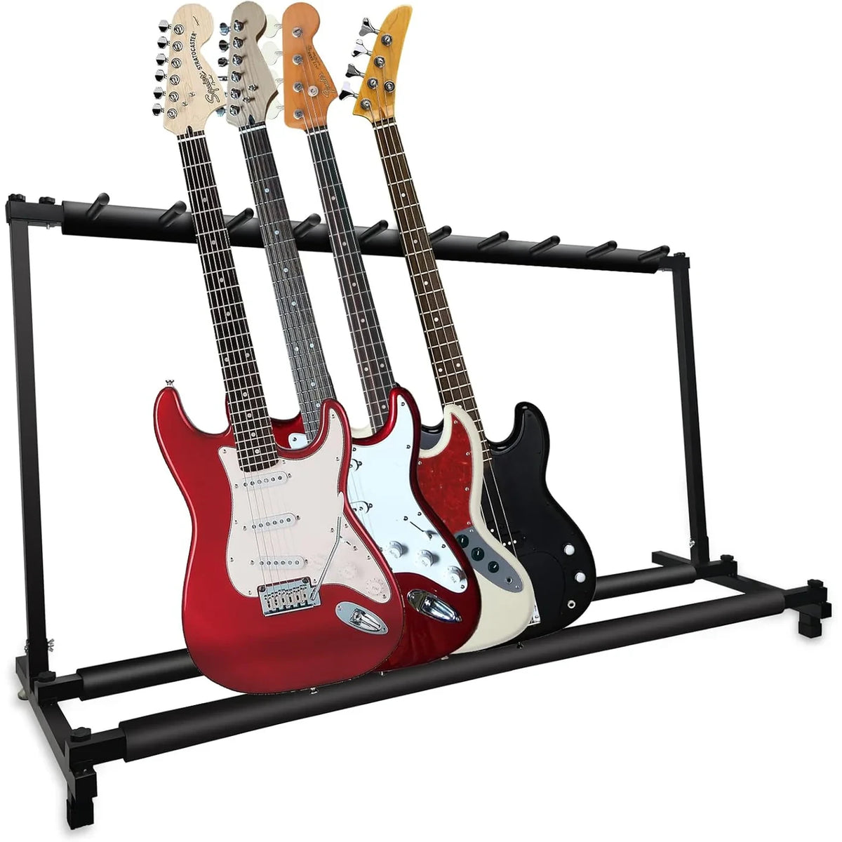 Guitar stand holding four electric guitars on a white background