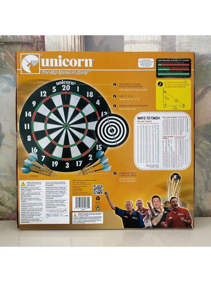 Unicorn XL Darboard 17x3/4-inch darts target board with colorful scoring sections and dart holes for practice.