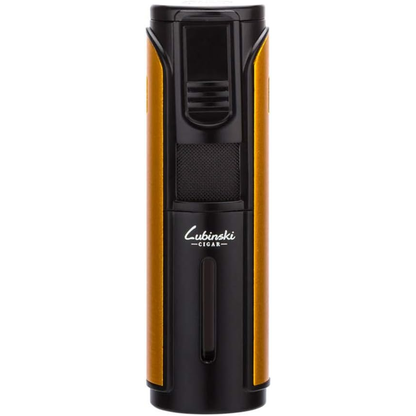 Lubinski 5-jet torch lighter with black body and adjustable flame, shown igniting a flame for precise lighting.