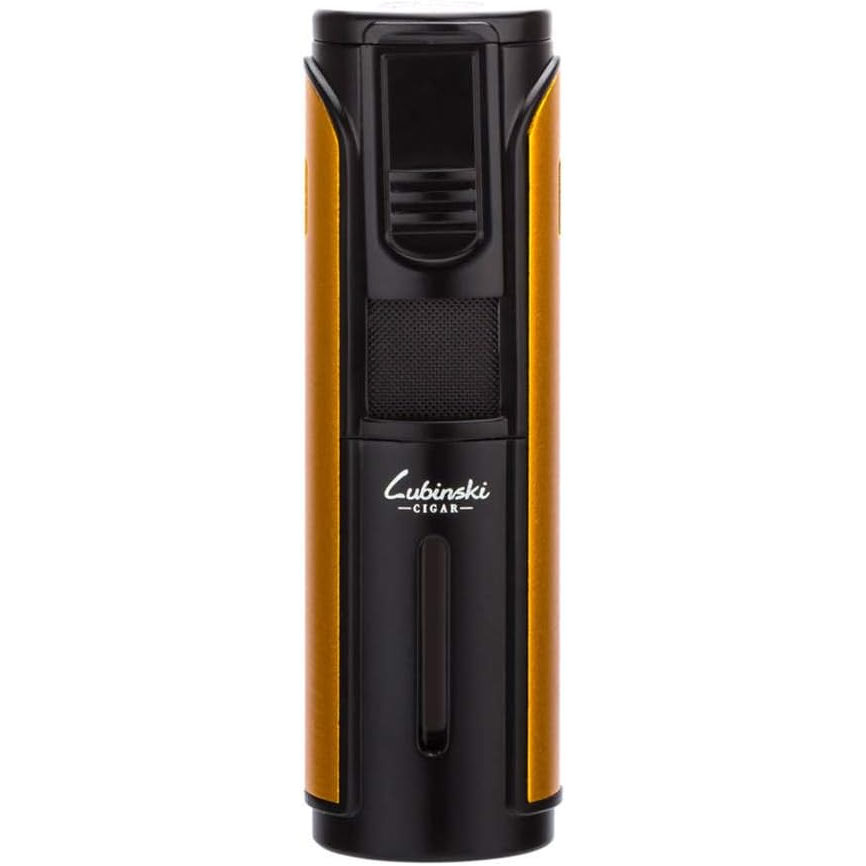 Lubinski 5-jet torch lighter with black body and adjustable flame, shown igniting a flame for precise lighting.