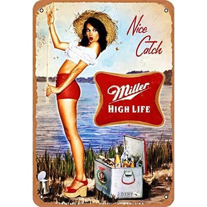 VOT Certified Nice Catch tin sign with vintage fishing design on a white background for rustic home decor.
