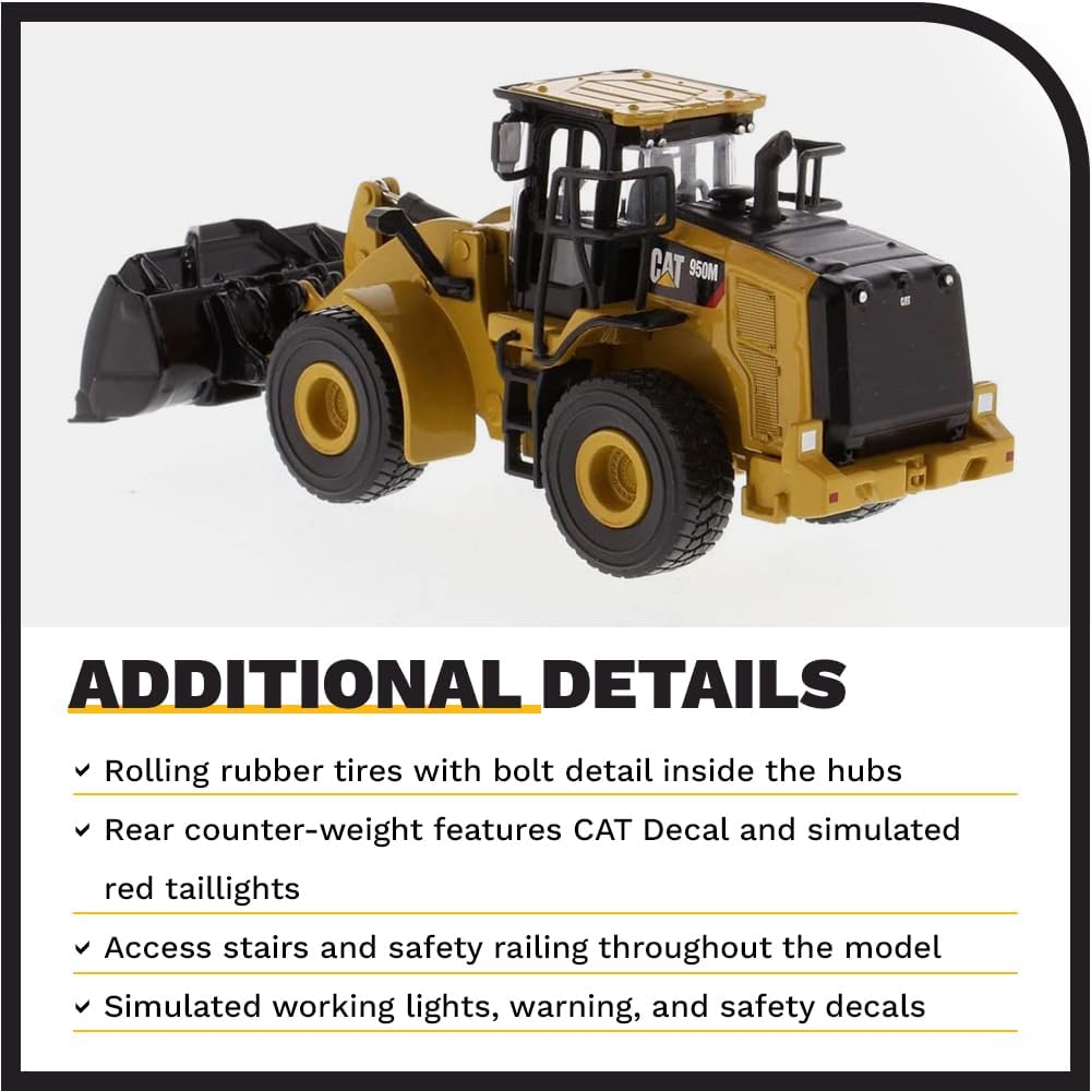 CAT 950M wheel loader diecast model in 1:64 scale, detailed replica of the CAT construction vehicle.