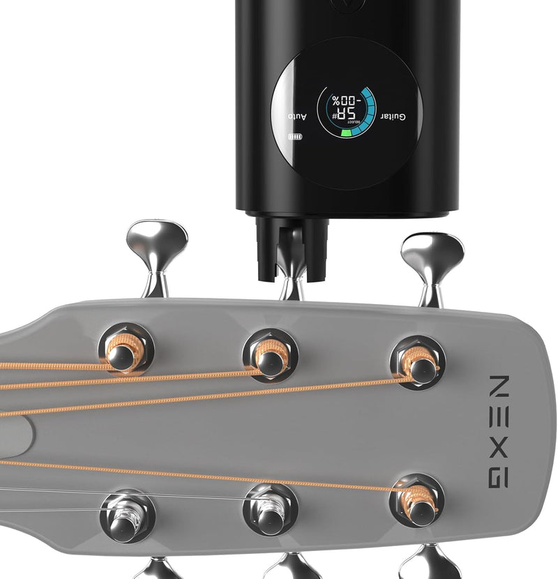 Enya Smart Automatic Guitar Tuner displaying digital screen and tuning indicators on a black device for precise guitar tuning.