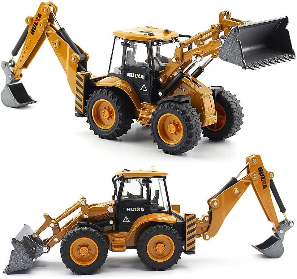 Diecast Bulldozer Back Hoe model by Dollox in 1:50 scale, detailed construction equipment replica with realistic features.