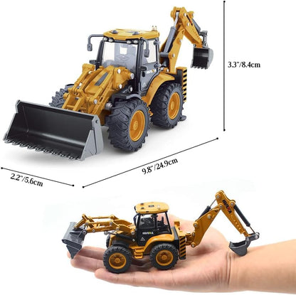 Diecast Bulldozer Back Hoe toy model by Dollox, detailed 1:50 scale construction vehicle with realistic features.