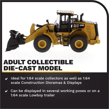 Diecast CAT 950M wheel loader in 1:64 scale, detailed model with realistic features and orange construction equipment design.