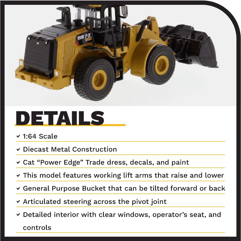 Detailed CAT 950M Wheel Loader diecast model in 1:64 scale, featuring realistic design and construction by CAT.