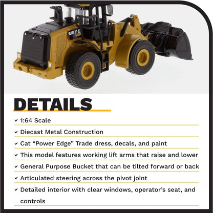 Detailed CAT 950M Wheel Loader diecast model in 1:64 scale, featuring realistic design and construction by CAT.