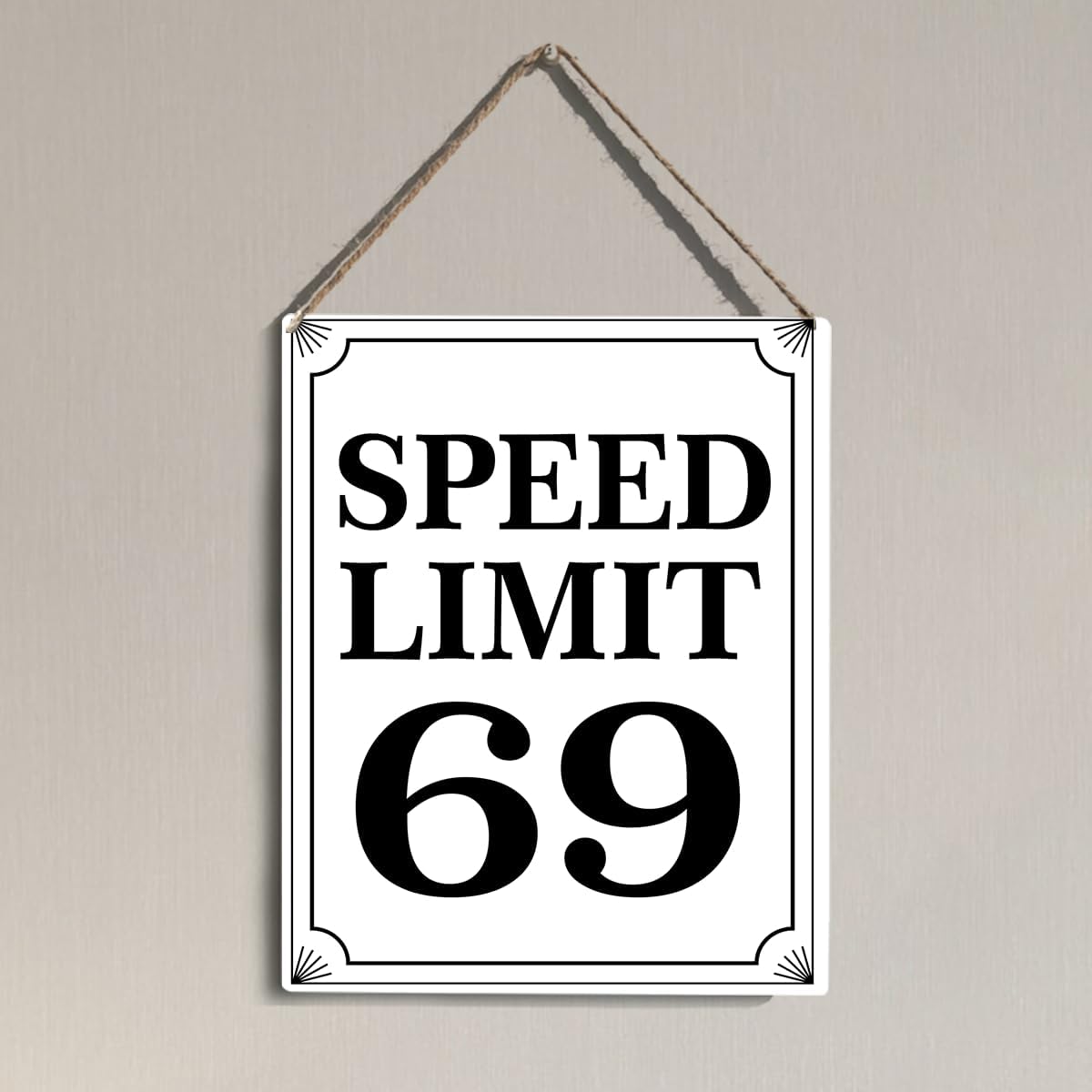 VOT Certified tin speed limit 69 sign featuring bold black numbers on a white background for road safety.