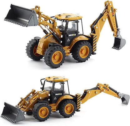 Detailed diecast Bulldozer Back Hoe model by Dollox in 1:50 scale showing realistic features and construction machinery details.