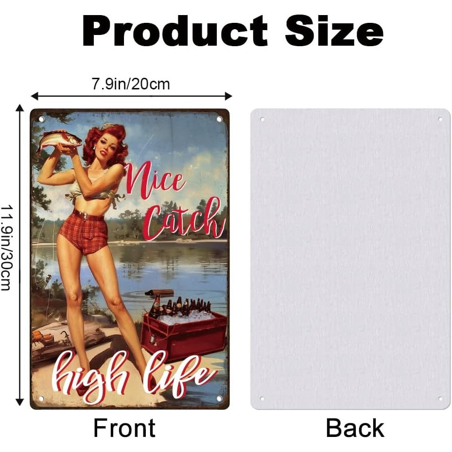 VOT Certified Nice Catch tin sign featuring a vintage-style fish graphic on a white background, perfect for coastal decor.