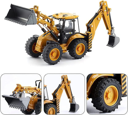 Diecast Bulldozer Back Hoe model by Dollox in 1:50 scale, detailed construction equipment replica in yellow with realistic features.