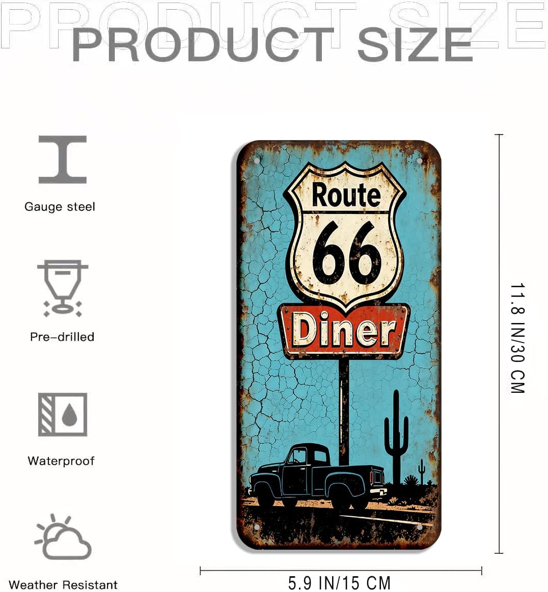 Vintage Route 66 Diner tin sign by VOT Certified, featuring classic roadside diner imagery and retro design.