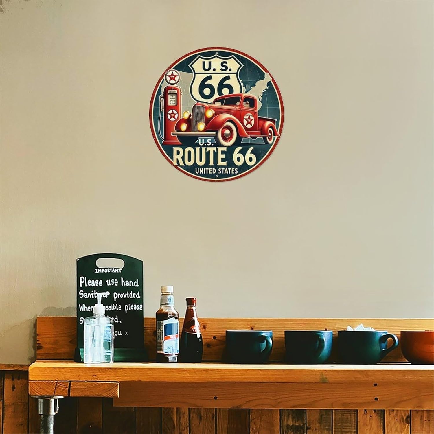 Vintage Route 66 retro pickup truck tin sign by VOT Certified, featuring a classic pickup truck design on a weathered metal surface.