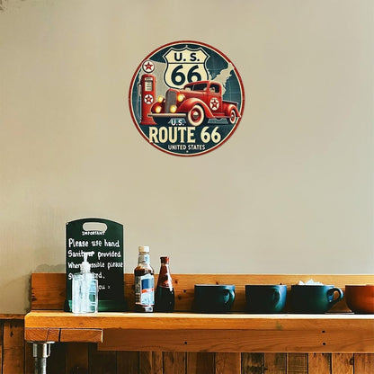 Vintage Route 66 retro pickup truck tin sign by VOT Certified, featuring a classic pickup truck design on a weathered metal surface.
