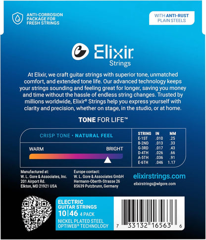 Elixir electric guitar strings pack with four light gauge sets, 10-46, suitable for electric guitars.