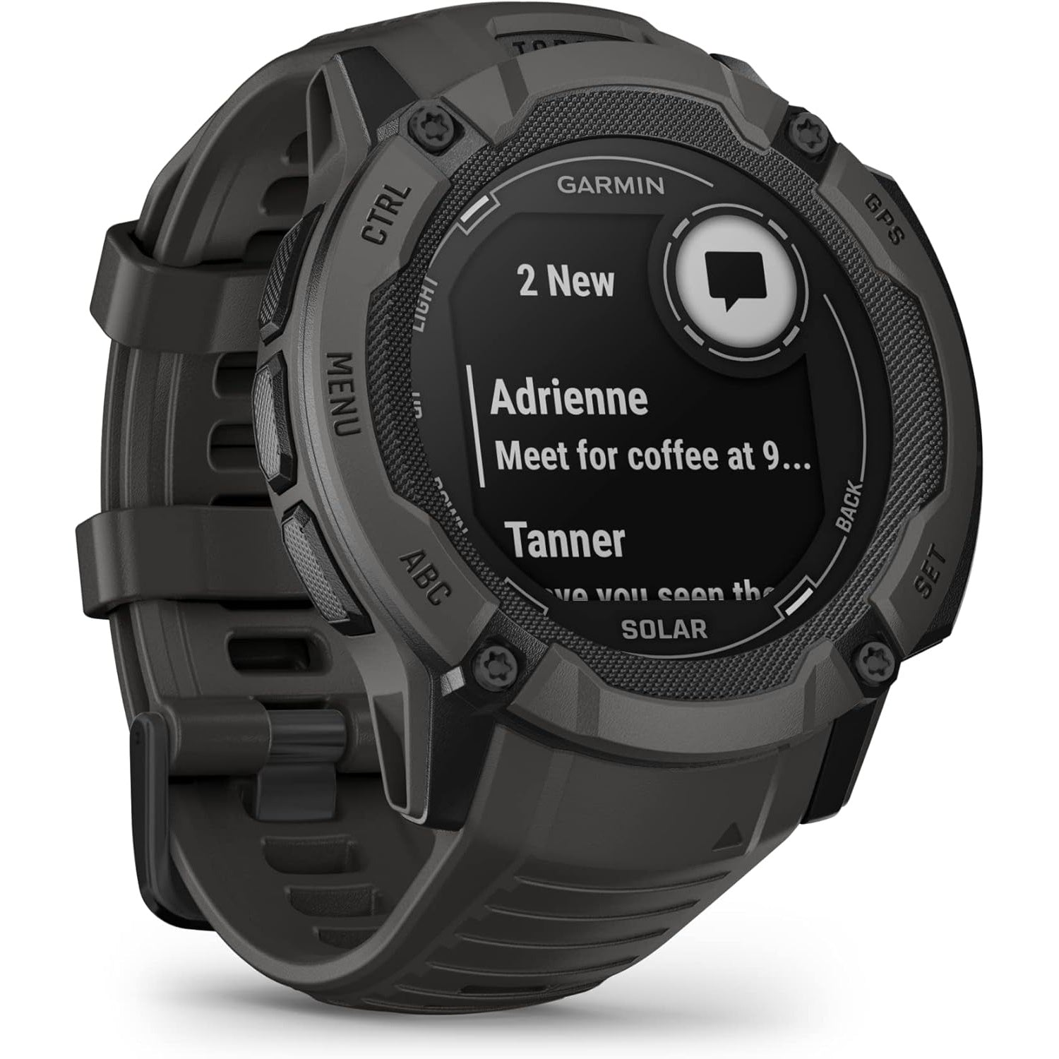 Garmin Instinct® 2X Solar GPS smartwatch with rugged design and solar charging lens, displayed on a white background
