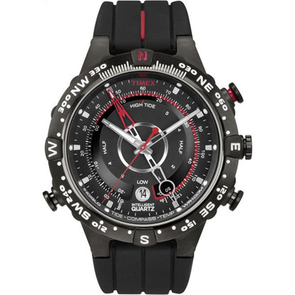 Timex Quartz Tide-Temp-Compass watch showing tide graph, temperature display, compass, and black strap on a white background.
