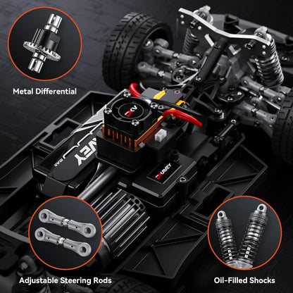 Dikavey Rally Hetchback RC car in 1:12 scale, detailed black and red remote-controlled vehicle on a white background.