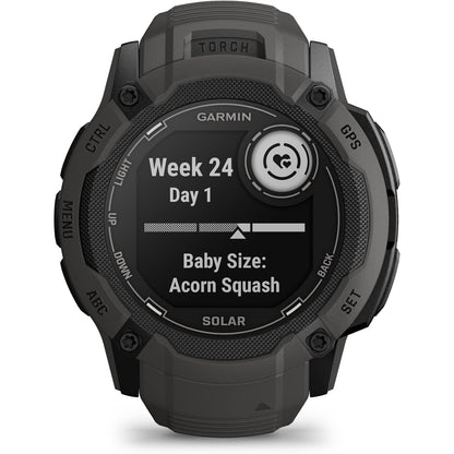 Garmin Instinct 2X Solar GPS smartwatch with rugged design, digital display, and solar charging capabilities.