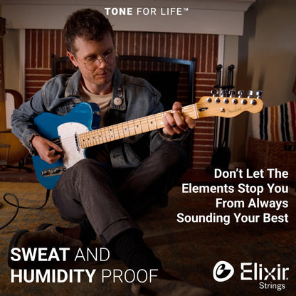 Elixir super light electric guitar strings 9-42 pack, showing a set of four guitar strings on a neutral background.