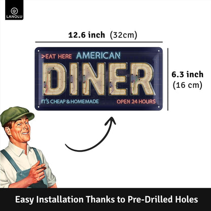 Vintage American Diner tin sign by VOT Certified featuring retro diner graphics on a white background.
