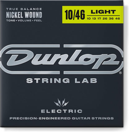 Dunlop nickel wound electric guitar strings 10-46 set with visible packaging and string coils on a plain background.