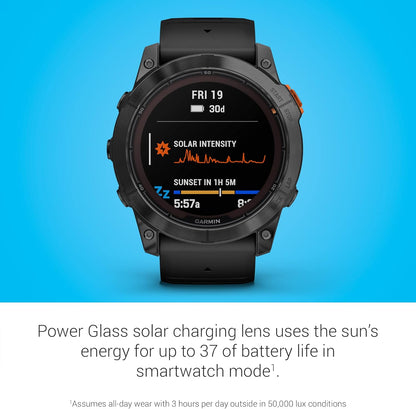 Garmin Fenix 7X Pro Solar GPS smartwatch with rugged design and large display, featuring solar charging capabilities.